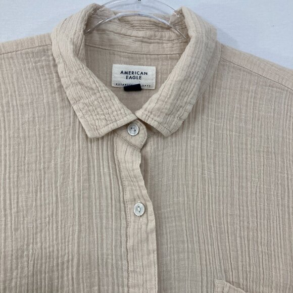 American Eagle size XL Cream Tan Gauzy Cotton Relaxed Button Down Lagenlook - Picture 3 of 9